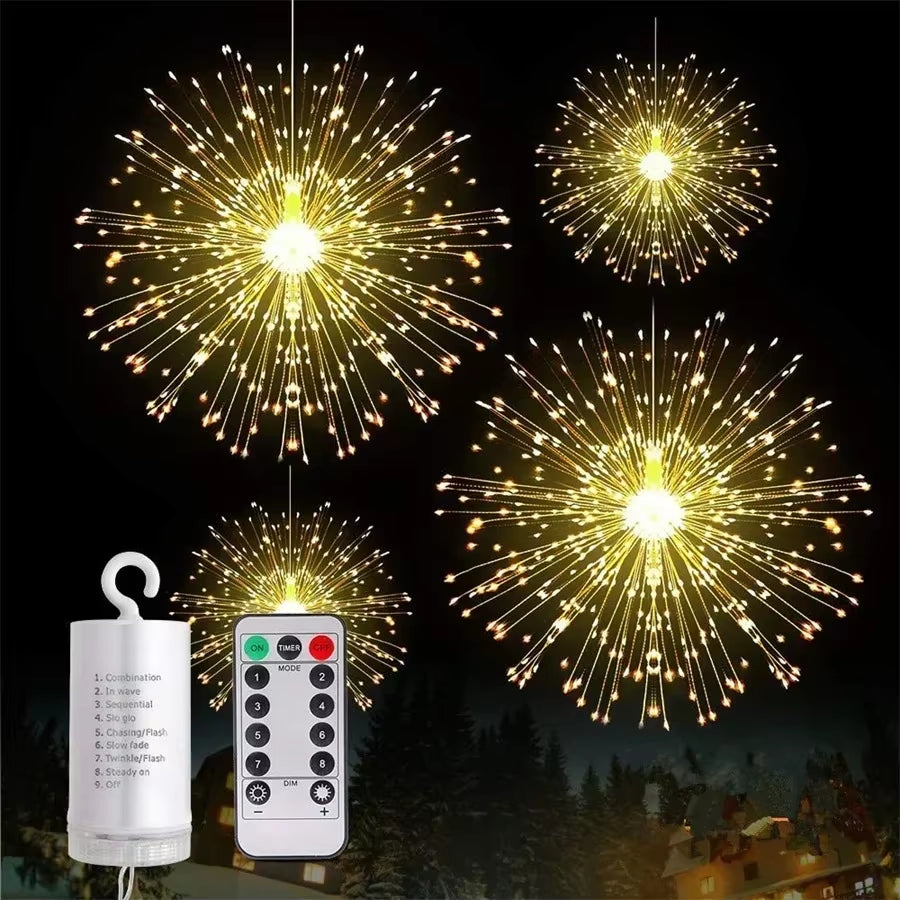 Firework Light 120/180/ 200 LED Starburst Light Battery Operated Christmas Party Globe Ball Copper Wire Hanging Fairy Light